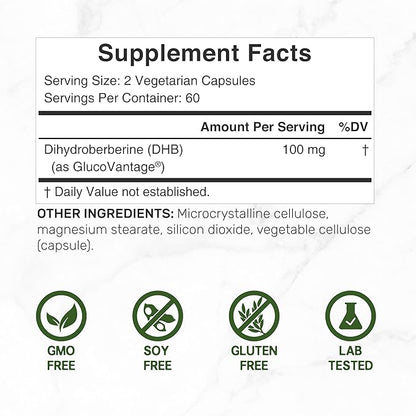 Dihydroberberine 100mg Per Serving, 120 Veggie Capsules – 5X More Bioavailable Than Berberine HCL – Heart Health Supplement – GlucoVantage Formula, Vegan, Non-GMO