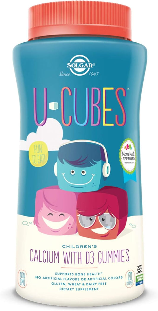 Solgar U-Cubes Children's Calcium with Vitamin D3, 120 Gummies - 3 Flavors, Pink Lemonade, Blueberry & Strawberry - Supports Bone & Teeth Health - Non GMO Gluten Free, Dairy Free - 60 Servings