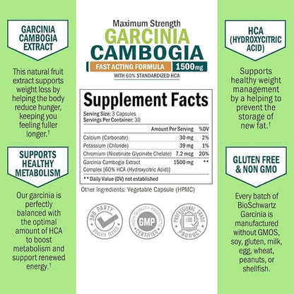Garcinia Cambogia Weight Loss Pills - 1500mg HCA Pure Extract - Fast Acting Appetite Suppressant - Fat Burner for Women and Men to Help Lose Weight - Carb Blocker Metabolism Diet Pill - 90 Capsules