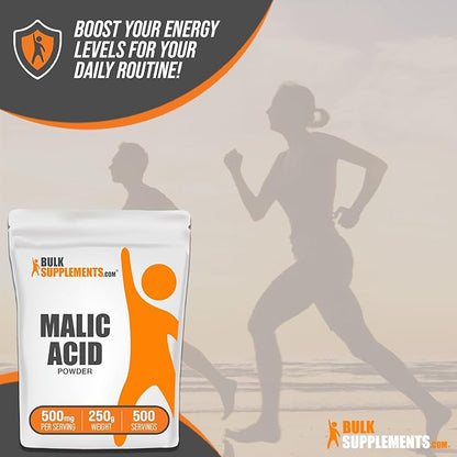 BulkSupplements.com Malic Acid Powder - Malic Acid Supplement, Malic Acid Powder Food Grade - for Energy & Skin Support, Gluten Free - 500mg per Serving, 250g (8.8 oz)