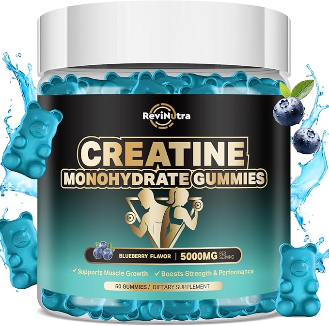 Creatine Monohydrate Gummies for Men & Women, 5000mg Chewables Creatine Supplement for Muscle Growth & Recovery, Promote Energy, Boost Strength, High Absorption, Blueberry Flavor Big Bear Gummies