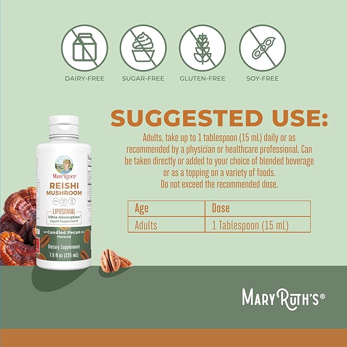 MaryRuth's Reishi Vegan Mushroom Supplement | Ultra Absorption Reishi Supplement Liposomal | Immune Support with 200mg Beta-Glucans, Vegan |Full Spectrum Reishi Mushrooms Fruiting Body | 7.6 oz,