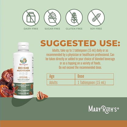 MaryRuth's Reishi Vegan Mushroom Supplement | Ultra Absorption Reishi Supplement Liposomal | Immune Support with 200mg Beta-Glucans, Vegan |Full Spectrum Reishi Mushrooms Fruiting Body | 7.6 oz,