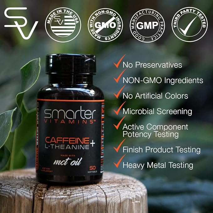 SmarterVitamins (3-Pack) 200mg Caffeine Pills with 100mg L-Theanine for Energy, Focus and Clarity + Coconut MCT Oil, Pre Workout, Nootropic Brain Booster, Extended Release Capsule