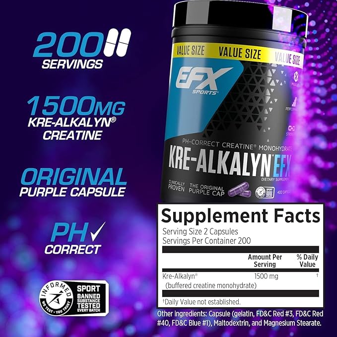 EFX Sports Kre-Alkalyn EFX | pH Correct Creatine Monohydrate Pill Supplement | Strength, Muscle Growth & Performance | 200 Servings, 400 Capsules