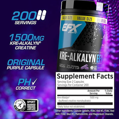 EFX Sports Kre-Alkalyn EFX | pH Correct Creatine Monohydrate Pill Supplement | Strength, Muscle Growth & Performance | 200 Servings, 400 Capsules