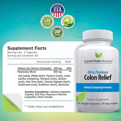 Natural Colon Cleanser Capsules for Constipation Relief and Gut Cleanse Detox - Cascara Sagrada, Psyllium Husk & Bentonite (60 Capsules)
