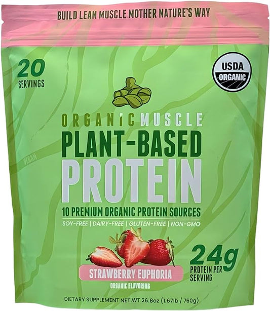 Organic Muscle Vegan Protein Powder - Plant Based Strawberry Multi-Sourced Protein Powder with Pea, Hemp, Brown Rice, Chia Seed & Amino Acids - Low Calorie for Muscle Growth & Speed Recovery