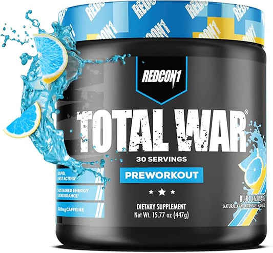 REDCON1 Total War Pre Workout Powder, Blue Lemonade - Beta Alanine + Citrulline Malate Keto Friendly Preworkout for Men & Women with 320mg of Caffeine - Fast Acting (30 Servings)
