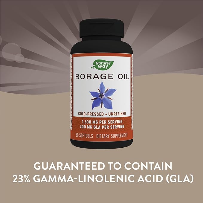 Nature's Way Borage Oil, Cold Pressed & Unrefined, GLA Supplement, 1300mg Per Serving, 60 Softgels