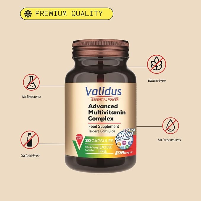 Validus Premium Advanced Multivitamin Complex with Essential Vitamin C, Vitamin D and E, Vitamin K, Vitamin B12, B6, B5, B2, B1, Magnesium, Iron, Zinc Supplements, Gluten-Free - 30 Capsules