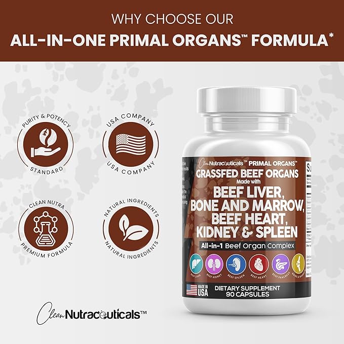 Clean Nutraceuticals Grass Fed Beef Liver Capsules 3000mg - Premium Quality Supplement Packed with Desiccated, Beef Heart, Beef Spleen, Beef Pancreas Plus Bone & Marrow Dao Enzyme Pills - USA Made
