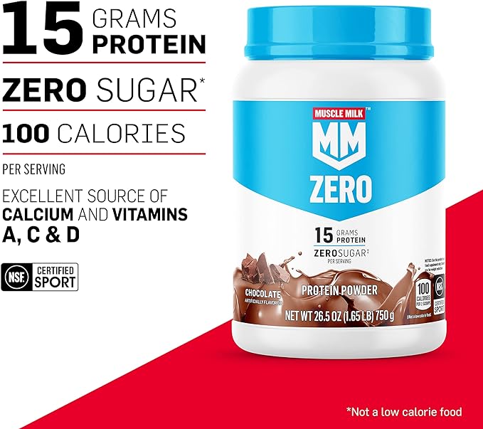 Muscle Milk ZERO, 100 Calorie Protein Powder, Chocolate, 15g Protein, 1.65 Pound, 25 Servings