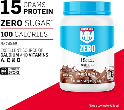Muscle Milk ZERO, 100 Calorie Protein Powder, Chocolate, 15g Protein, 1.65 Pound, 25 Servings