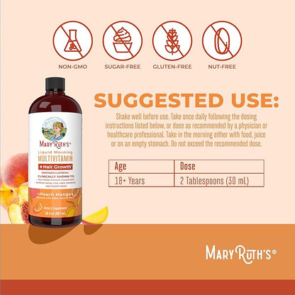 MaryRuth's Liquid Multivitamin + Lustriva® Hair Growth for Women| Biotin 10000mcg | Vitamin D | B Vitamins | Clinically Tested for Thicker Hair, Wrinkles, Fine Lines, Skin Care | Ages 18+ | 30 Fl Oz