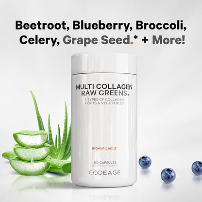 Codeage Multi Collagen Protein + Organic Raw Greens Superfood Capsules Supplement, 21 Fruits & Veggies, Grass-Fed Hydrolyzed Collagen Peptides, 5 Types All-in-One, 180 Count