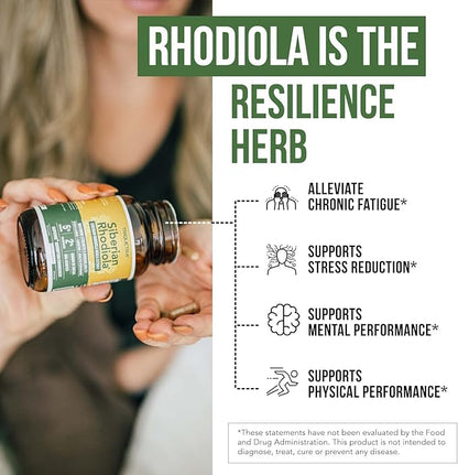 Siberian Rhodiola® Max Strength Rhodiola Rosea - 5% Rosavins, 2% Salidroside - BioPerine® Absorption Enhancement, Grown in Siberia, DNA Verified - Reduce Stress, Enhance Energy & Cognition*(60 Count)