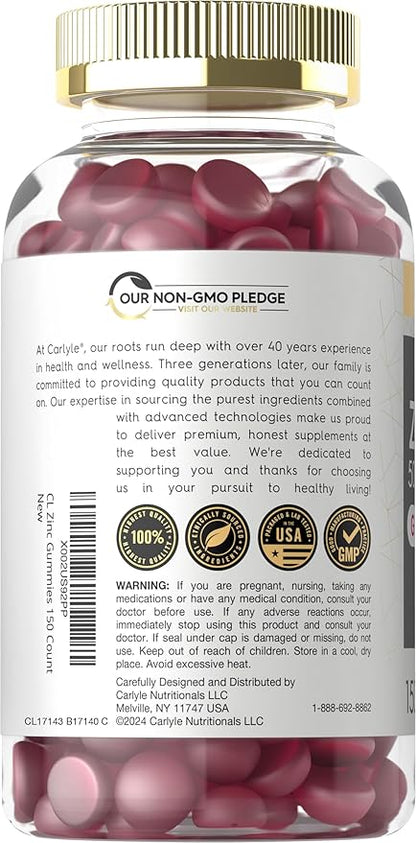 Carlyle Zinc 50mg Gummies | 150 Count | Vegan, Non-GMO and Gluten Free Formula | Zinc Citrate Dietary Supplement
