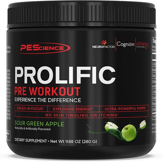 PEScience Prolific Pre Workout Powder, Sour Green Apple, 40 Scoop, Energy Supplement with Nitric Oxide