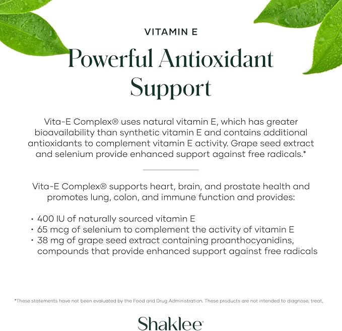 Shaklee - Vitamin E: -Supports Heart, Brain, and Prostate Health -Neutralizing Damage Caused by Free Radicals Vita-E® 400 IU Tablets with Selenium and Grape Seed Extract - 90 Softgels