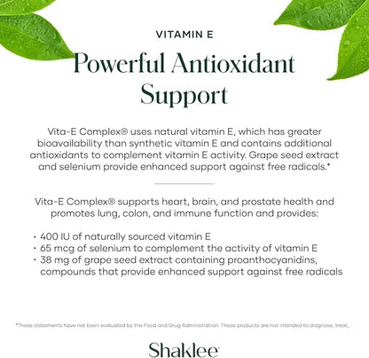 Shaklee - Vitamin E: -Supports Heart, Brain, and Prostate Health -Neutralizing Damage Caused by Free Radicals Vita-E® 400 IU Tablets with Selenium and Grape Seed Extract - 90 Softgels