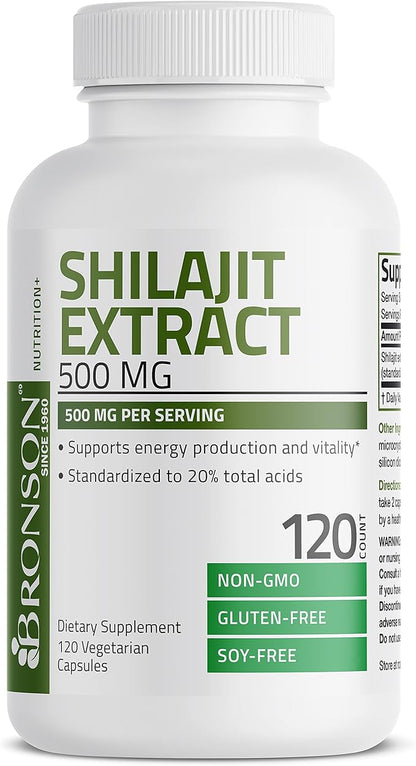 Bronson Shilajit Extract 500 MG Per Serving, Supports Energy Production & Vitality, Standardized to 20% Total Acids, Non-GMO, 120 Vegetarian Capsules