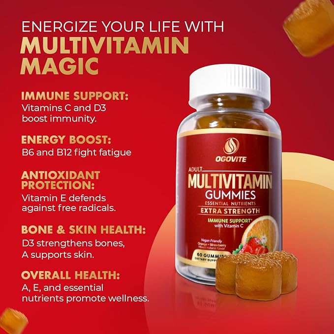 Multivitamin Gummies | Natural Energy & Immune Health Support for Adults | Extra Strength with Vitamin C and B Vitamins | Vegan | Orange & Strawberry Flavor | 60 Gummies (1 Month Supply)