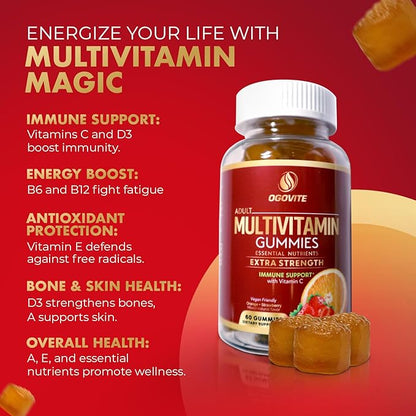 Multivitamin Gummies | Natural Energy & Immune Health Support for Adults | Extra Strength with Vitamin C and B Vitamins | Vegan | Orange & Strawberry Flavor | 60 Gummies (1 Month Supply)