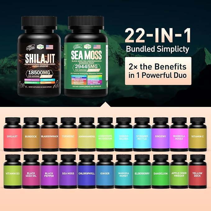 Sea Moss & Shilajit Multivitamin Bundle - Sea Moss 12000mg, Shilajit 9000mg, Black Seed Oil 6000mg, Ashwagandha 3000mg, Ginger,Rhodiola Rosea 2000mg, All in 1 Supplements (2 Pack)