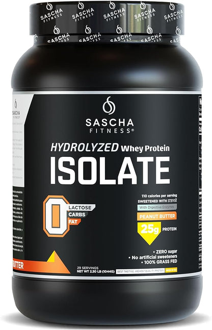 SASCHA FITNESS Hydrolyzed Whey Protein Isolate,100% Grass-Fed (2.3 Pounds, Peanut Butter)