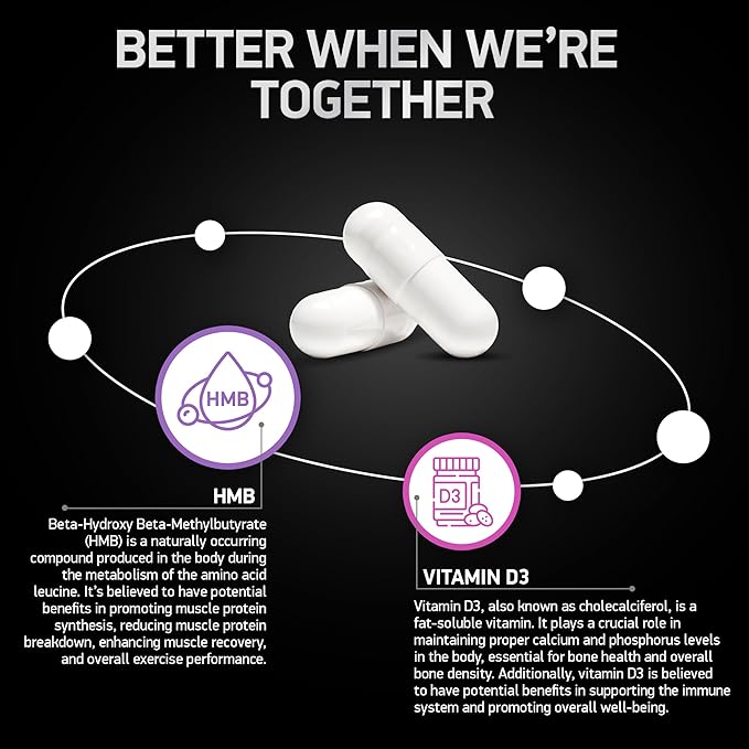 HMB and Vitamin D3 Supplement - B-Hydroxy B-Methylbutyrate Butyrate - 1,000 MG HMB Supplements with D3 and Calcium - Strength and Recovery Support, Muscle Growth, Mass Gainer - 180 Days, 360 Capsules