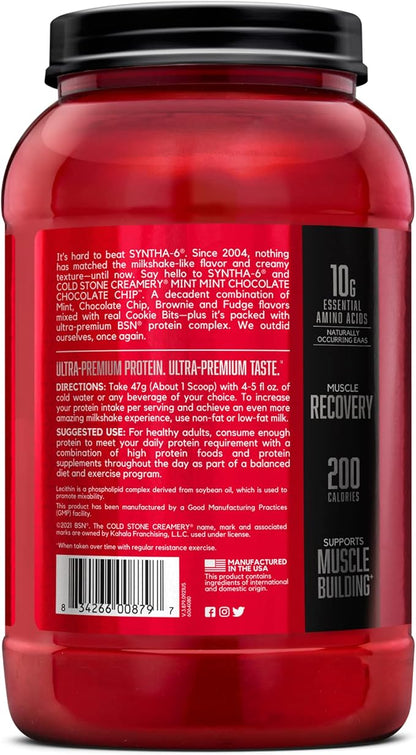 BSN Syntha-6 Whey Protein Powder, Cold Stone Creamery- Mint Mint Chocolate Chocolate Chip Flavor, Micellar Casein, Milk Protein Isolate Powder, 25 Servings