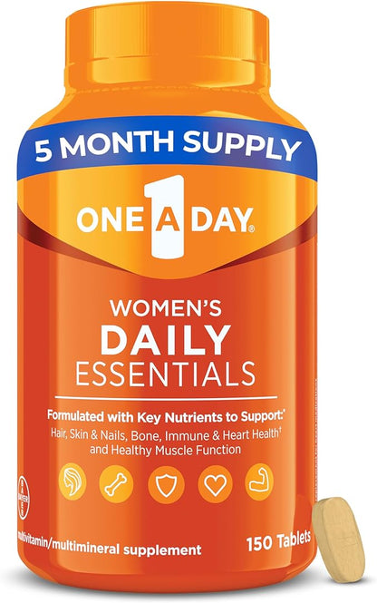 One A Day Multivitamin for Women Daily Essentials, Vitamins for Women to Support Hair, Skin & Nails, Immune Health, Multivitamin for Women with Zinc, Folic Acid & B Vitamins, 150 Count