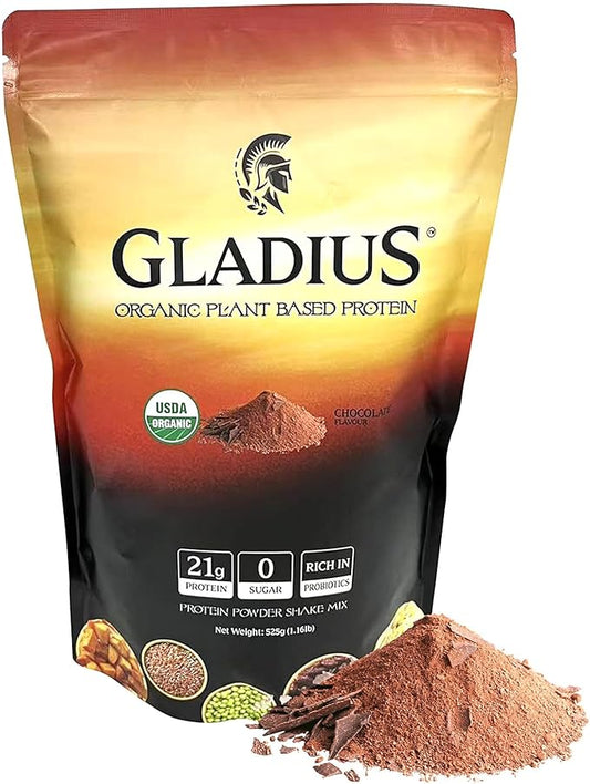 GLADIUS Organic Plant Based Protein Powder | Chocolate | 15 Servings | 21g of Protein | Plant Based | No Sugars Added | Rich in Probiotics