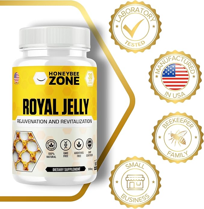 Royal Jelly 500 mg Honey Bee Royal Jelly, 60 Vegan Bee Royal Jelly Capsules, Natural Superfood Anti-Aging Brain Booster Supplement