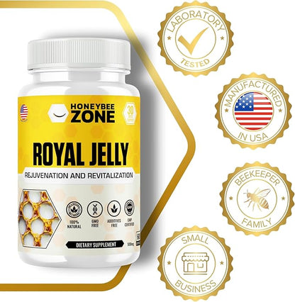 Royal Jelly 500 mg Honey Bee Royal Jelly, 60 Vegan Bee Royal Jelly Capsules, Natural Superfood Anti-Aging Brain Booster Supplement