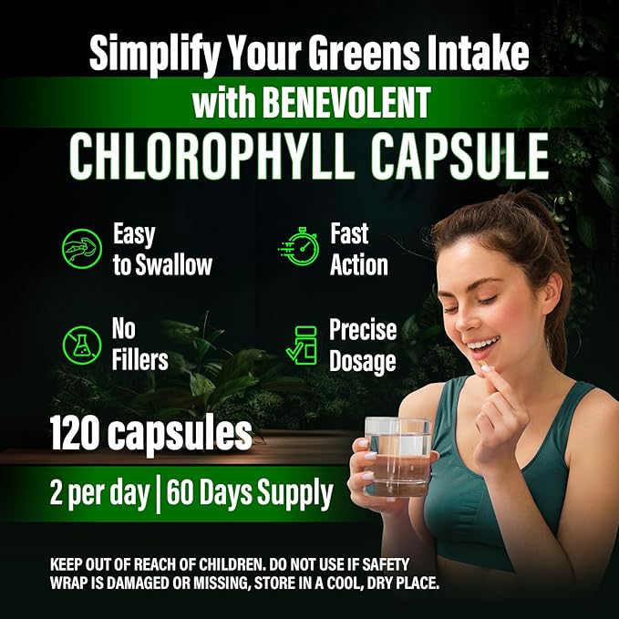 Benevolent Chlorophyll Capsules 700mg - 100% Natural + Ultra Chlorophyll 20x Potency Concentration for Energy Boost, Immune Support, Internal Deodorant, Skin Health, Non-GMO, 120 Capsules