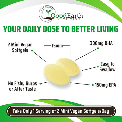 Vegan Omega 3 - Carrageenan Free Plant Based Algal DHA/EPA- 60 Veggie Softgels - Supports Brain, Heart, Joints & Prenatal Health - Essential Fatty Acids Supplements