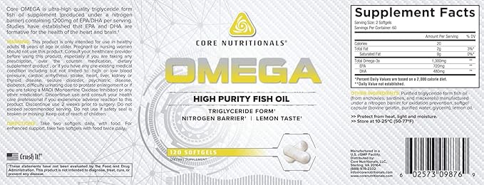 Core Nutritionals Platinum Omega High Purity Fish Oil containing 720mg of EPA, 480mg of DHA, Health Support, 120 Count