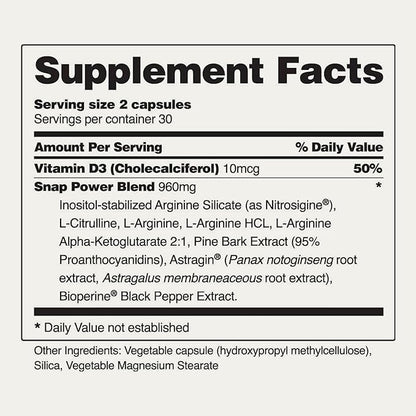 Snap L Arginine Capsules - Blood Circulation Supplements with Nitrosigine & L Citrulline for Natural Energy, Increase Blood Flow & Muscle Growth, Herbs for Cardio Health (60 Capsules)