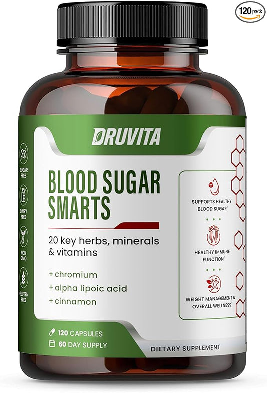 Blood Sugar Smarts - 20 Key Herbs, Minerals & Vitamins - with Chromium, Alpha Lipoic Acid, Cinnamon & Bitter Melon, for Men Women- Non-GMO Natural- 120 Capsules 60 Day Supply
