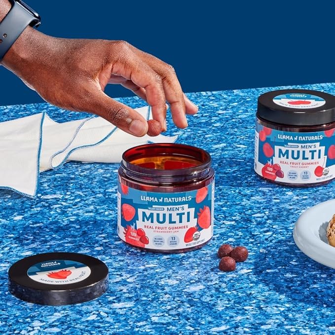 Llama Naturals Real Fruit Gummy Vitamins for Men | No Added Sugar Cane | Whole Food Multivitamin Gummies | Vegan, Organic, Chewable | 120 ct | 30 Day Supply | Strawberry