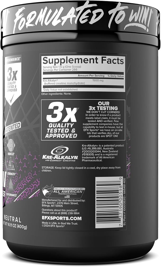 EFX Sports Kre-Alkalyn EFX Powder | pH Correct Creatine Monohydrate Powder Supplement | Strength, Muscle Growth & Performance | 266 Servings (Unflavored)