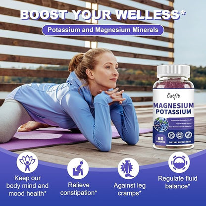 Potassium Magnesium Supplement Gummies,Magnesium Glycinate 500mg,Potassium Gluconate 99mg,Triple Magnesium Complex 1700mg,Calcium,Zinc,Vitamin D3 for Leg Cramps,Sleep,Immunity & Energy,120 Ct