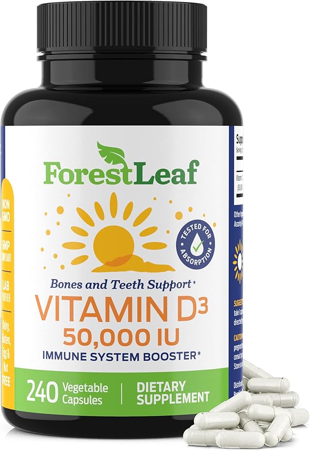 ForestLeaf Vitamin D3 50000 IU - Bone Health and Immune Support - Small Easy to Swallow Vegetable Capsules - Non-GMO Gluten Free VIT D - VIT D3 Vitamin D Supplements for Women and Men, 240 Count