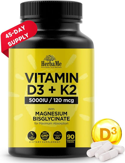 Vitamin D3 5000 IU + K2 with Magnesium Bisglycinate for Max Absorption | 90 Capsules | Immune Support | Promotes Heart, Bone and Muscle Health
