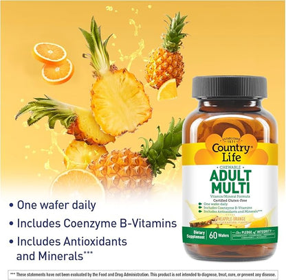 Country Life Adult Chewable Multivitamin with Coenzyme B-Vitamins, Antioxidants, Minerals, Pineapple-Orange Flavor - Supports Energy Metabolism and Immune Health, Gluten Free - 60 Wafers