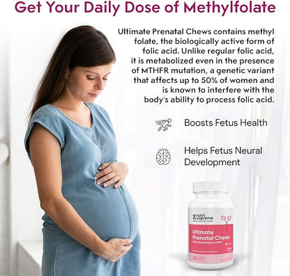 Nutri Supreme Prenatal Vitamin, Chewable Prenatal Vitamins for Women with Highly Absorbable Methyl Folate, Complete Prenatal Multivitamin with Iron, Kosher, Cherry Flavor, 90 Count