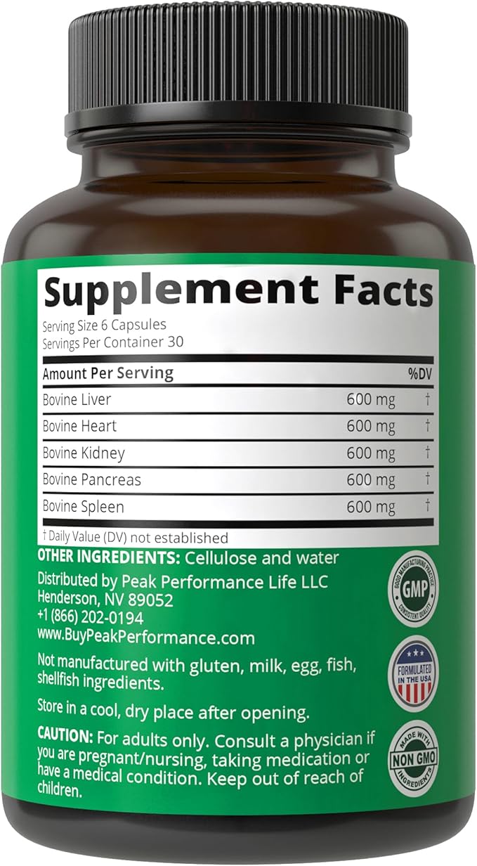 Peak Performance Grass Fed Beef Organ Complex from New Zealand (180 Capsules) Desiccated Organs Superfood Pills. GrassFed Beef Liver Capsules with Heart, Kidney, Pancreas, Spleen. Supplement