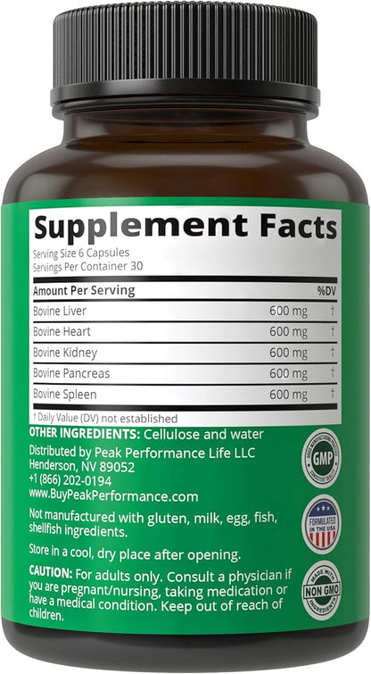Peak Performance Grass Fed Beef Organ Complex from New Zealand (180 Capsules) Desiccated Organs Superfood Pills. GrassFed Beef Liver Capsules with Heart, Kidney, Pancreas, Spleen. Supplement